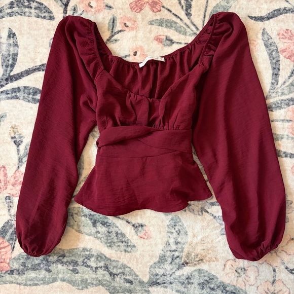 Altar'd State Tops - Altar’d State Women’s Burgundy Peplum Long-Sleeve Top